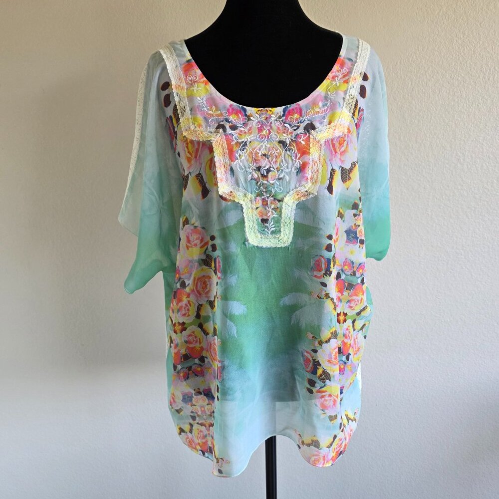 Style & Co Blouse Cover-Up Sheer Floral Front Lace Back Embroidered Size XL